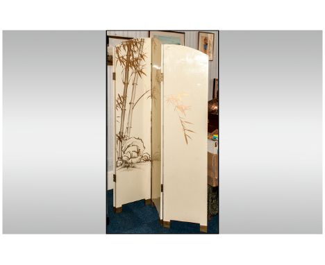 A Modern Chinese Lacquered Four Fold Screen decorated on an ivory ground featuring birds amongst water lilies in the traditio