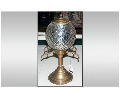 Reproduction Water Cooler/Soda Fountain with a glass central globe on brass cover and brass taps. 20 inches in height. 