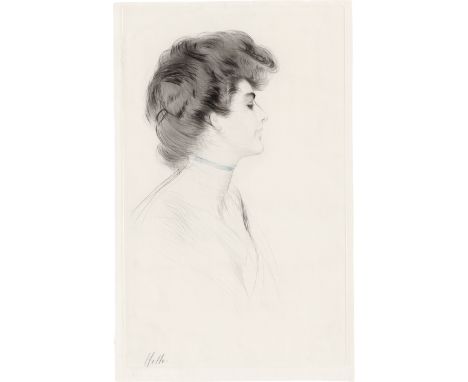 Helleu, Paul César -- Portrait einer jungen Dame im Profil nachts, mit blauem Halsband. Kaltnadelradierung in Schwarz mit Bla