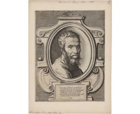 Ghisi, Giorgio -- Portraitbüste des Michelangelo Buonarotti. Kupferstich nach Marcello Venusti. 26,5 x 20,2 cm. (1564). B. 71