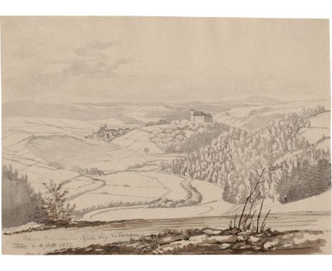 Faber, Karl Gottfried Traugott -- Weite Landschaft mit Blick auf Bärenstein mit dem Schloss im östlichen Erzgebirge.Bleistift