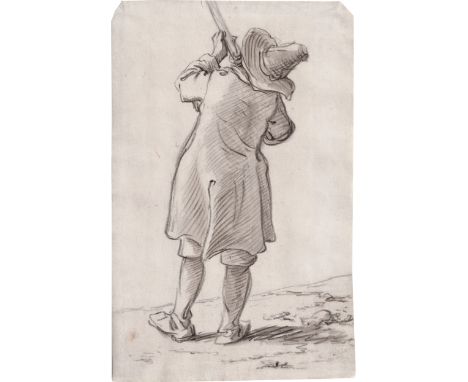 Saftleven, Herman -- Studie eines stehenden Jägers mit Hut, von hinten gesehen. Schwarzer Stift, grau laviert. 30,1 x 19,3 cm