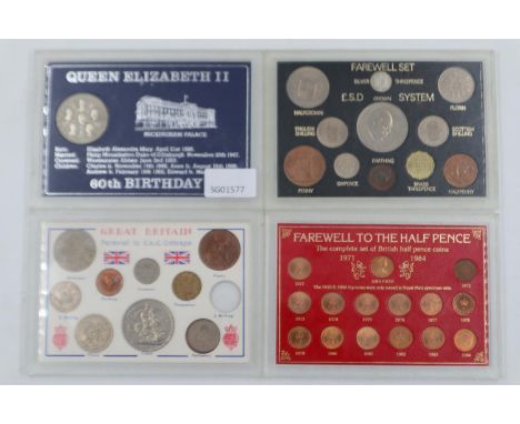 Four UK coin sets, Farwell to £SD (2), Farewell to the Half-Pence, and QEII 60th birthday. UK P&amp;P Group 1 (£16+VAT for th