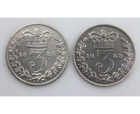 1883 and 1885 - silver bun head threepences of queen Victoria - gF. UK P&amp;P Group 0 (£6+VAT for the first lot and £1+VAT f