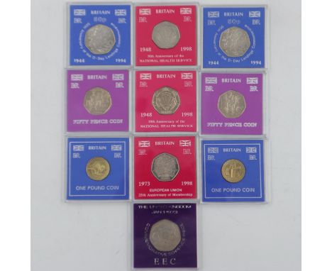 Eight cased collectors edition 50p coins and two £1 coins. UK P&amp;P Group 1 (£16+VAT for the first lot and £2+VAT for subse