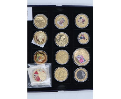 Twelve gold plated Commemorative coins, encapsulated. UK P&amp;P Group 1 (£16+VAT for the first lot and £2+VAT for subsequent
