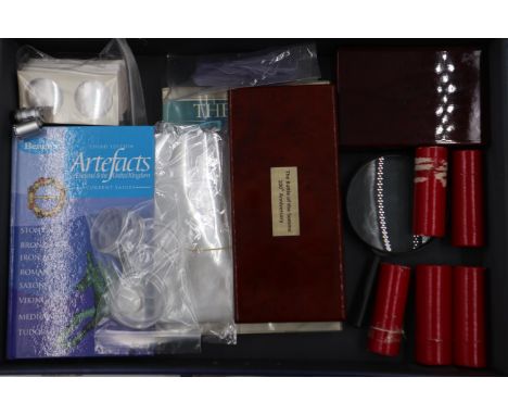 Case of coin accessories, magnifiers, flips, capsules and publications. UK P&amp;P Group 3 (£30+VAT for the first lot and £8+