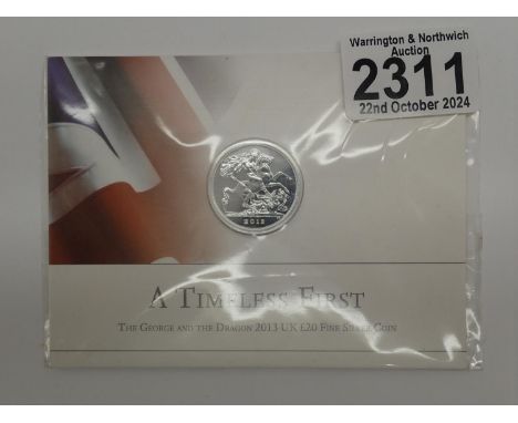 2013 - silver £20 coin, A Timeless First, sealed - UNC. UK P&amp;P Group 1 (£16+VAT for the first lot and £2+VAT for subseque