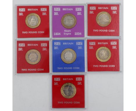 Seven mixed collectors edition cased £2 coins. UK P&amp;P Group 1 (£16+VAT for the first lot and £2+VAT for subsequent lots) 
