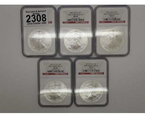 Five NGC slabbed 2006 American silver Liberty dollars. UK P&amp;P Group 1 (£16+VAT for the first lot and £2+VAT for subsequen