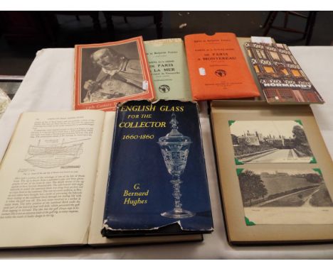 An album of vintage postcards mainly scenic and architectural, a book of 'English Glass For The Collector 1660 - 1860' by G. 