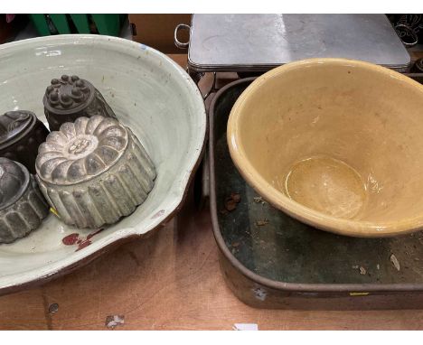 Early 20th century plated warming stand, together with large brass fish kettle and tin jelly moulds, together with two dairy 
