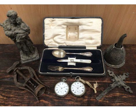 Two pocket watches, silver and mother of pearl fruit knife, silver spoon and fork in fitted case and sundries