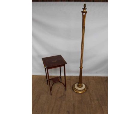 19th century inlaid mahogany two tier side table, one other, and a gilt and painted standard lamp (3)