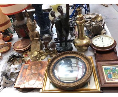 Eastern brass table lamp, figural lamp, gilt wood praying Buddha ornament, copper warming pan signed J. Dillon, two clear gla