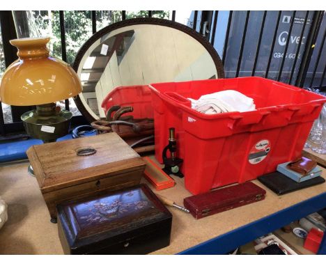 Sundry items, including an oil lamp, a mirror, a box of linen, a Japanese lacquered box, a mid 20th century oil on canvas, wa