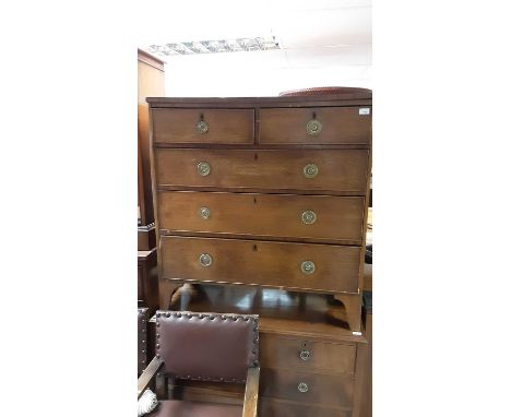 Georgian oak chest of two short and three long drawers with brass ring handles, on bracket feet