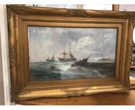 Oil on board- blustery seascape scene in gilt frame, one other nautical oil on canvas in gilt frame, contemporary floral canv