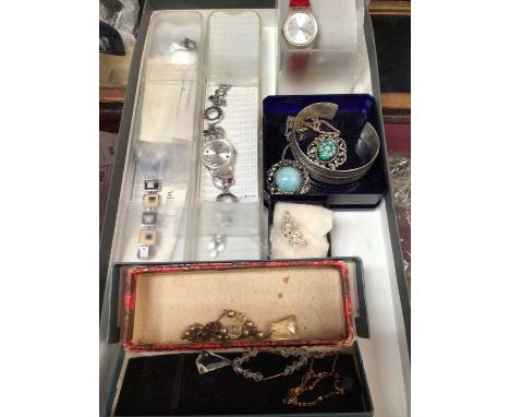 Silver bangle, three Swatch watches and vintage costume jewellery