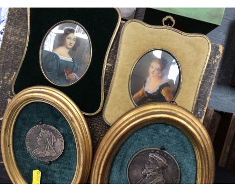 Two 18th century style portrait miniatures, pair of framed medallions.