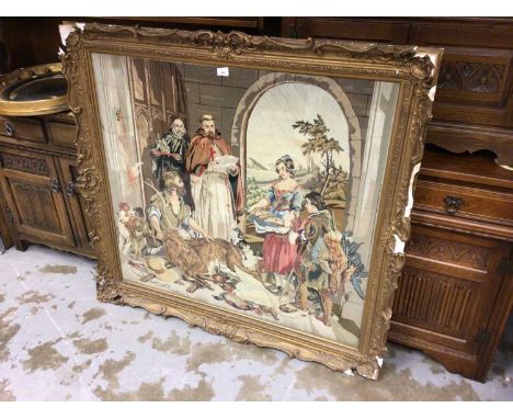 Large 19th century Berlin woolwork tapestry, depicting interior scene of figures and game, in glazed gilt frame, total size 1