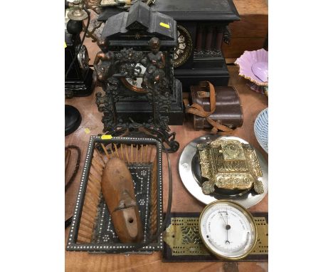 Black slate mantel clock, other mantel clock, Porcupine quill basket, binoculars, brass inkwell and other items