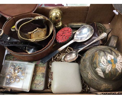 Two silver spoons, white metal red lacquered trinket box, wristwatches, compass and sundries