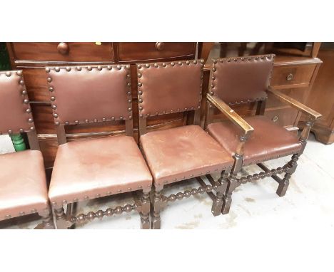 Set of six oak dining chairs with studded decoration on bobbin turned and block legs joined by stretchers, comprising four st