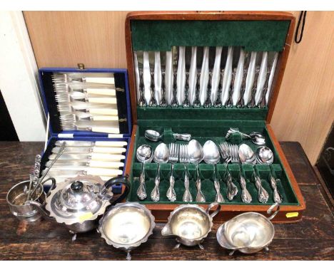 Canteen of cutlery, silver plated three piece tea set and other plated ware