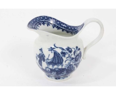 An unusual Caughley helmet shaped milk jug, circa 1785, printed in blue with the Fisherman and Cormorant pattern, 8.5cm highT