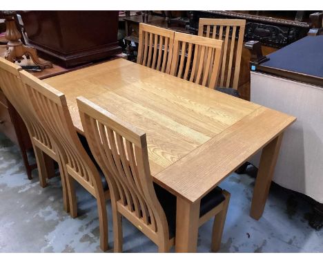 Good quality contemporary light oak dining table on square legs, 152cm x 90cm, together with a set of six matching chairs