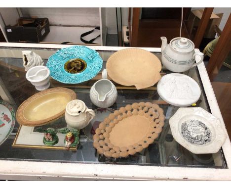 Good group of mostly 19th century ceramics, including two pearlware figures, two Wedgwood cane ware dishes, Dudson teapot, ot