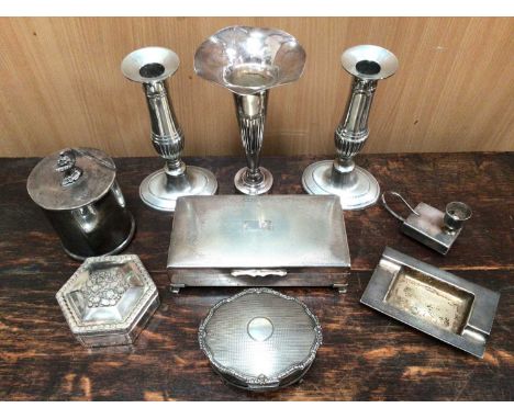 Early 20th century white metal jewellery box, together with plated ware including caddy with knight finial, cigar box, ashtra