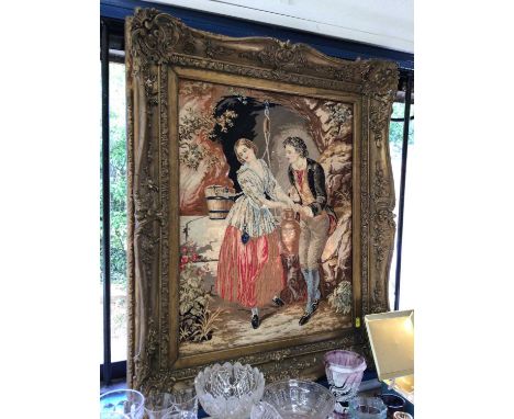 Victorian tapestry in gilt frame together with a Victorian tapestry footstool and a tapestry cushion (3)
