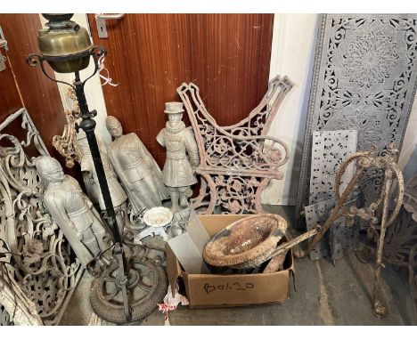 Collection of cast aluminium bench elements, table legs and other items, also some cast iron and oil lamp on stand