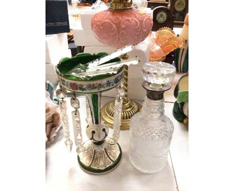 Bohemian green flash-cut glass lustre, silver collared cut glass decanter, brass oil lamp with pink glass reservoir and other