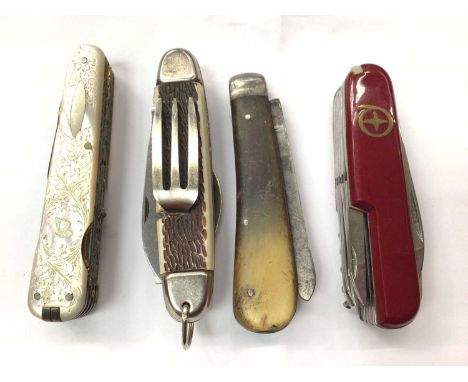 Group of four penknives including Joseph Westby Sheffield, engraved mother of pearl, Jowika Republic of Ireland folding cutle