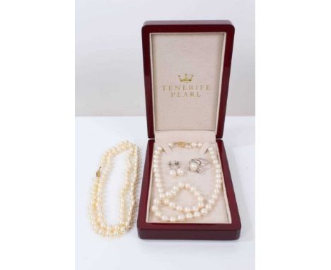 Two cultured pearl necklaces, pair of cultured pearl earrings and a cultured pearl silver dress ring