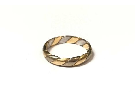 Yellow and white metal rope twist style ring, size K½Ring is unmarked and weighs 3.5 grams