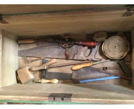 Old painted pine carpenters tool chest containing various hand tools.