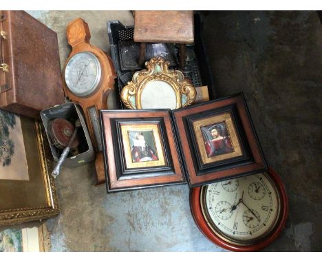 Sundry items, including a pair of portrait miniatures, gilt mirror, stool, etc