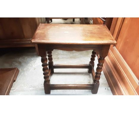 Two oak joint stools on bobbin turned supports joined by stretchers together with another with turned supports (3)
