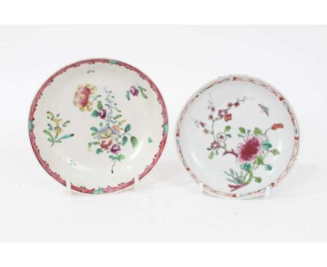 Two Liverpool saucers, decorated in Chinese famille rose style with floral patterns, 11.5cm and 12.5cm diameterGood antique c