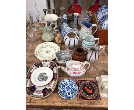 Group of 18th century and later china, glass and sundries, including Delftware vase, creamware plates, Chinese saucers, tiles