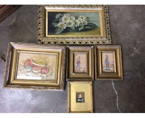Group of pictures, including a naive portrait miniature, a pair of 19th century watercolours, and two still lives (5)