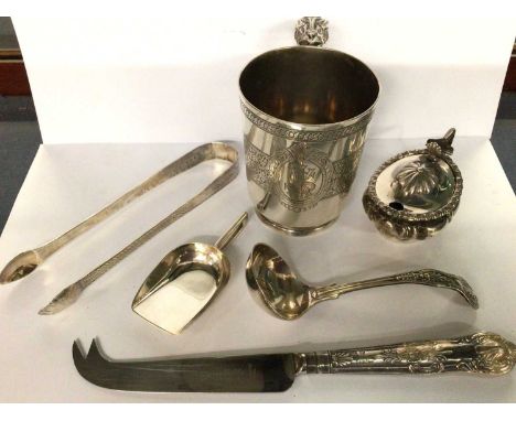 French white metal christening cup, together with silver caddy spoon, Georgian silver sugar nips, other silver and plate