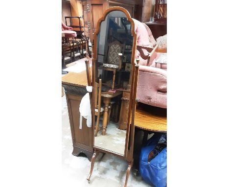 Walnut framed cheval mirror, mahogany two tier occasional table and a headboard with pink upholstery (3)