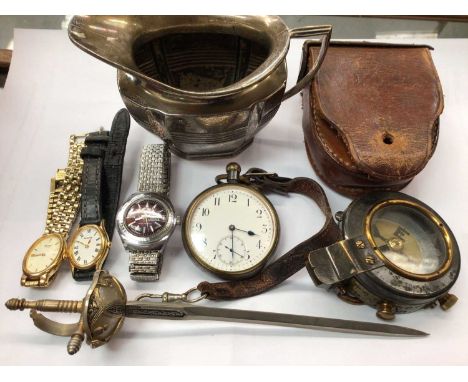 Silver milk jug, pocket watch, compass in leather case, three wristwatches and a sword paper knife