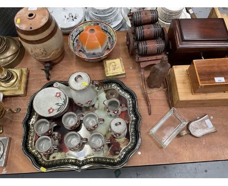 Victorian stoneware brandy barrel together with mahogany box, model wooden wagon, boxes and sundries