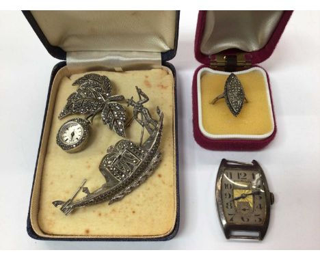 1950s silver and marcasite novelty Gondola brooch, silver and marcasite nurse's watch, silver marcasite ring and vintage silv